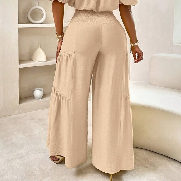 Khaki Casual Women's Beach One-Shoulder Puff-Sleeved Crop Top & Wide Leg Pants - Picture 2 of 7